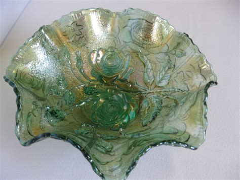 Imperial Carnival Glass Helios Green Open Rose Bowl Made In