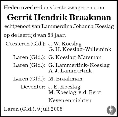 Gerrit Hendrik Braakman Overlijdensbericht En Condoleances