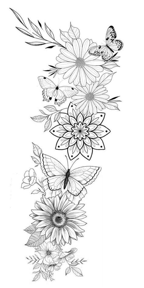 A Black And White Drawing Of Flowers With Butterflies