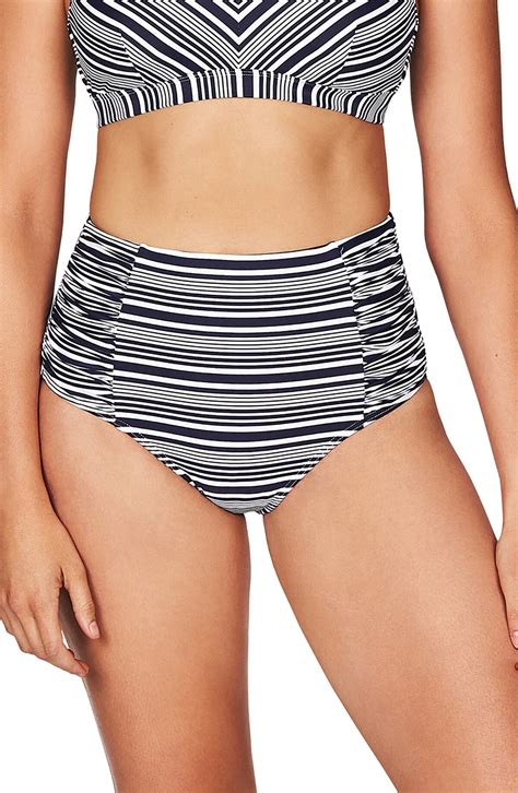 Sea Level Stripe High Waist Gathered Side Bikini Bottoms Blue