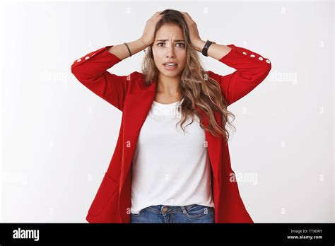 Gosh Have Trouble Portrait Of Panicking Worried Young Cute Silly Female Trainee Wearning Red