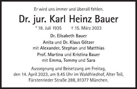 Traueranzeigen Von Karl Heinz Bauer SZ Gedenken De