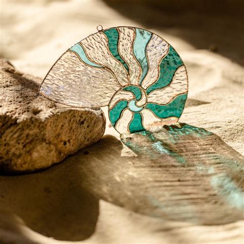 Stained Glass Nautilus Shell From Iridescent Glass Coastal Ornament Beach Shell Ornament Coastal