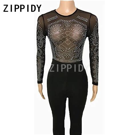 Flashing Rhinestones Black Mesh Jumpsuit Sexy Perspective Bodysuit Women S Birthday Party