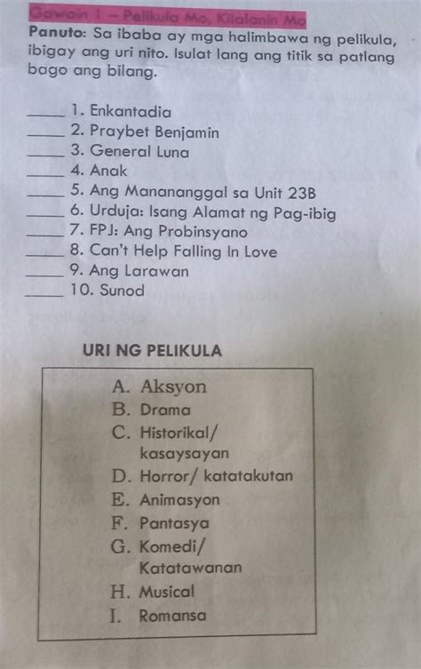 Mo Kilalanin Ma Panuto Sa Ibaba Ay Mga Halimbawa Ng Pelikula Ibigay