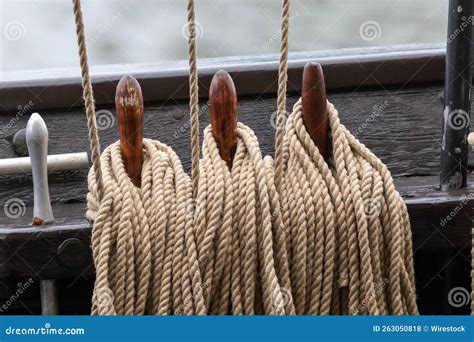 Closeup Of Ropes On The Deck Of A Sailing Ship Stock Photo Image Of