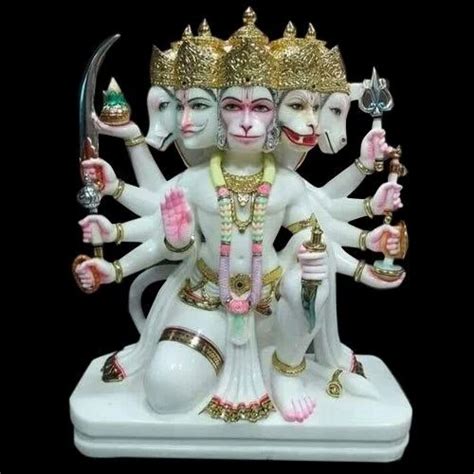 White Painted Marble Panchmukhi Hanuman Statue For Worship Purpose