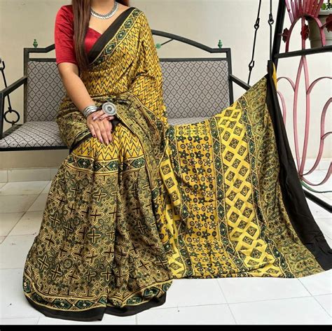 Printed Multicolor Ajrakh Modal Silk Saree With Blouse Piece At Rs