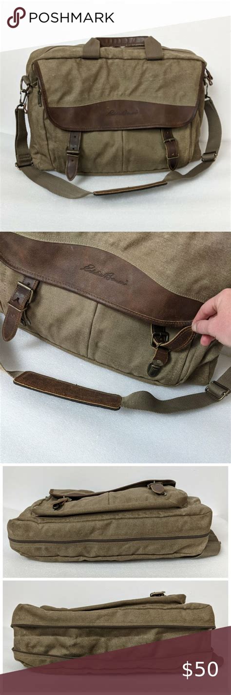 Eddie Bauer Waxed Canvas Leather Expandable Messenger Bag Olive Drab Canvas Leather Leather