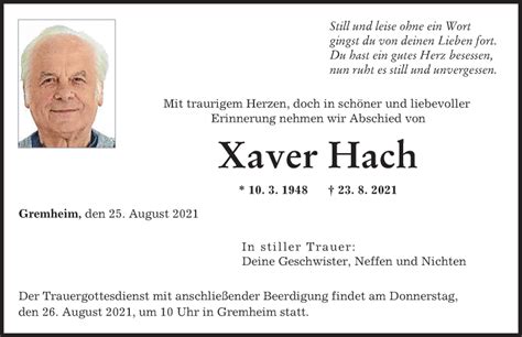 Traueranzeigen Von Xaver Hach Augsburger Allgemeine Zeitung