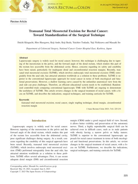 PDF Transanal Total Mesorectal Excision For Rectal Cancer Toward