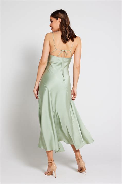 Sage Green Satin Dress With Asymmetric Cowl Neck Bridesmaid And Wedding