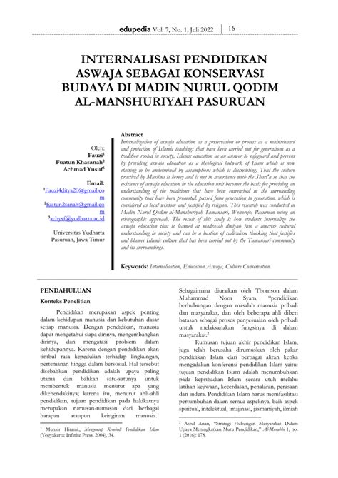 Pdf Internalisasi Pendidikan Aswaja Sebagai Konservasi Budaya Di