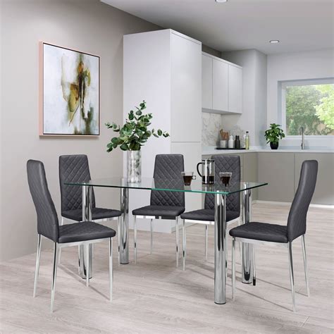 Lunar Chrome And Glass Dining Table With 4 Renzo Grey Leather Chairs Furniture Choice