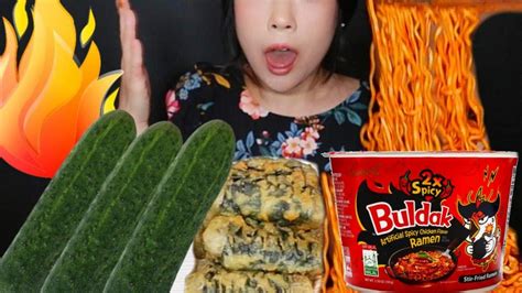 Asmr Mukbang🔥nuclear Fire Noodles 🔥2x Spicy Samyang Seaweed Roll Cucumbers Sweet Yogurt Lassi