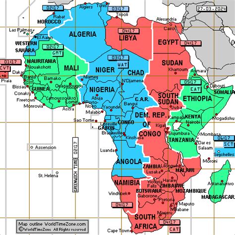 Africa time zones map with current local time 24 hour format