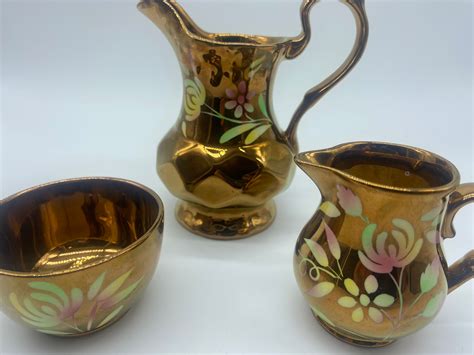 Vintage Wade England Set Of 3 Ceramic Copper Luster Glazed Pitcher Cream Sugar Etsy