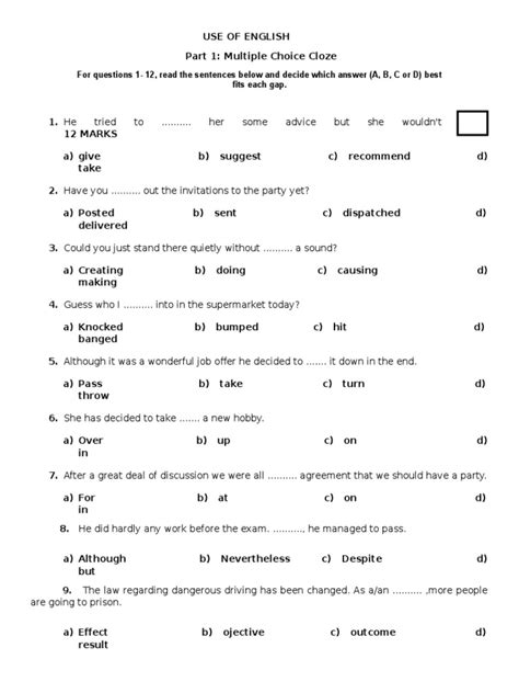 For Questions 1 12 Read The Sentences Below And Decide Which Answer A