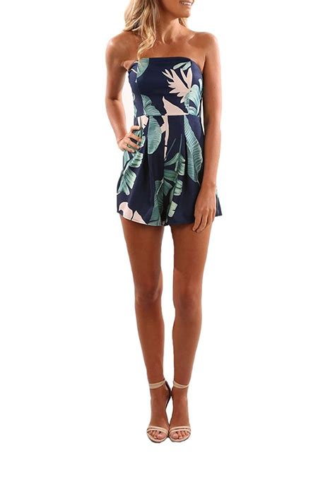 Prettoday Women Floral Print Playsuit Summer Sexy Strapless Jumpsuit Beachwear Rompers