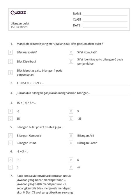Mais De Planilhas Operasi Dengan Bilangan Bulat No Quizizz