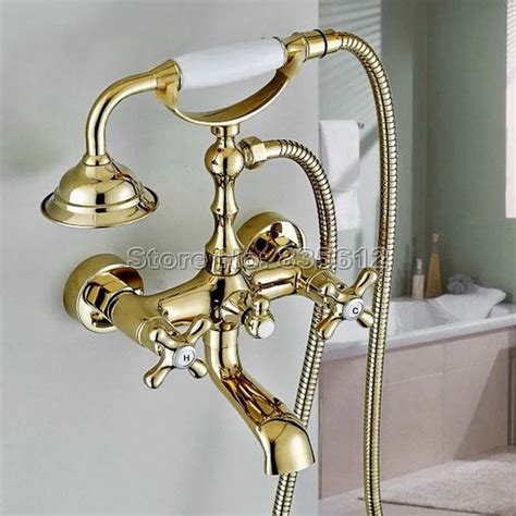 Gold Color Brass Dual Cross Handle Bath Tub Cold And Hot Faucet Set