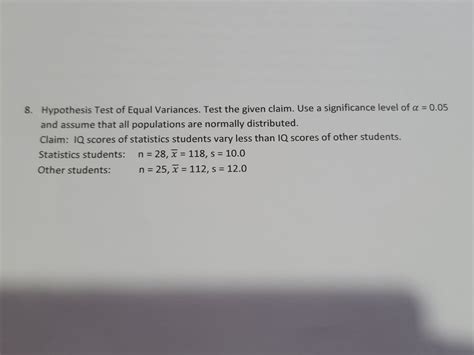 Answered 8 Hypothesis Test Of Equal Variances  Bartleby