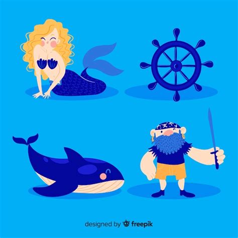 Colección personajes marinos dibujados a mano Vector Premium