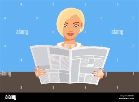 Cute Blonde Girl Reading A Newspaper On Desk Isolated On Blue Background News And Information