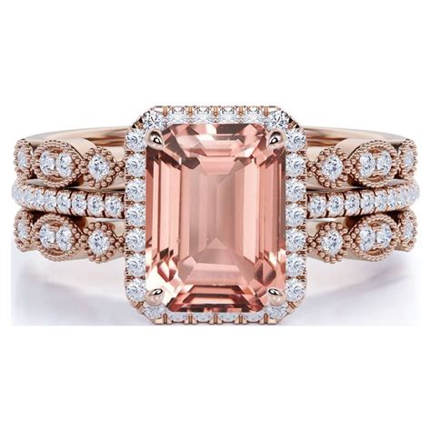 Jeenmata 2 25 Carat Emerald Cut Created Morganite And Moissanite Halo Antique Trio Wedding Ring