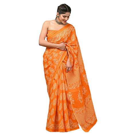 Shop Bagru Print Saree Orange Blue Colour GI Heritage