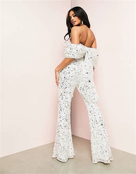 Asos Luxe Bow Bardot Embellished Jumpsuit In White Asos