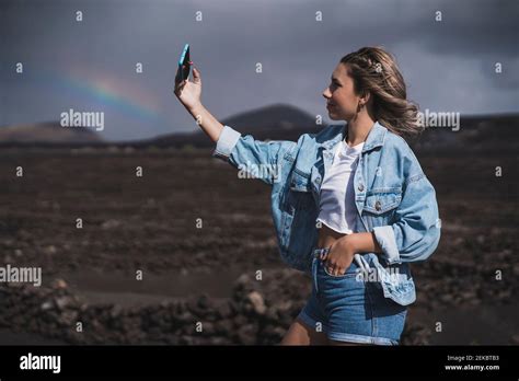 Woman Taking Selfie Mobile Phone Standing Volcano El Cuervo Hi Res