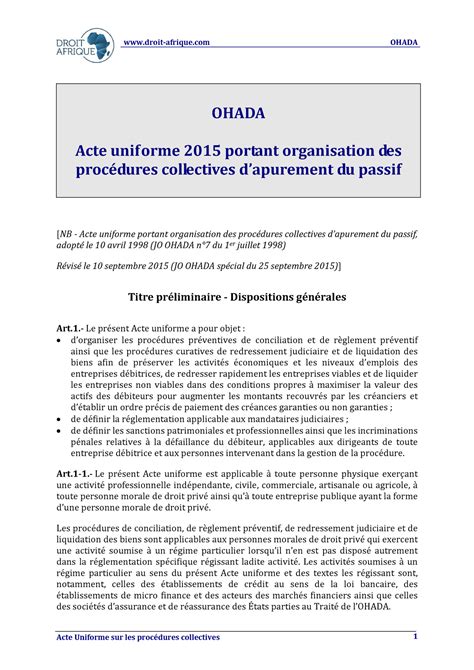 Ohada Acte Uniforme 2015 Procedures Collectives OHADA Acte Uniforme