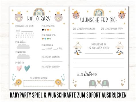 Babyparty Spiel Wünsche für das Baby pdf Boho Tiere Babyshower