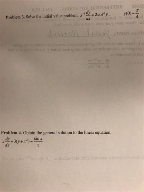 Solved Problem 3 Solve The Initial Value Problem X Dy Dx Chegg