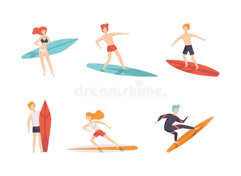 People Surfer Riding Surfboard Enjoying Summer Vacation Activity Vector