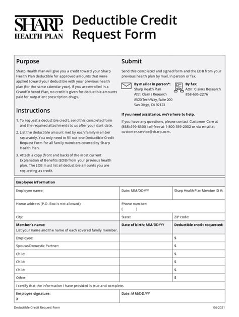 Fillable Online Deductible Credit Request Form Sharp Health Plan