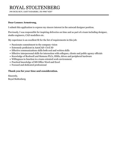 AutoCAD Designer Cover Letter Velvet Jobs