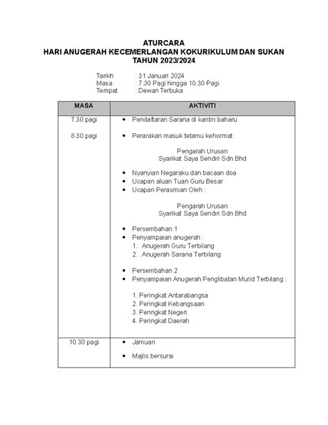 Aturcara Hak Koko Sukan 2023 D Aturcara Hari Anugerah Kecemerlangan