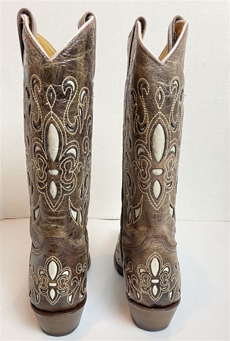 Reyme Brown Leather Cowboy Boots White Inlays Pointed Toe Knee High