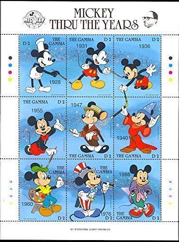 Usps Mickey Mouse Thru The Years Sheet Of Nine Stamps From Gambia