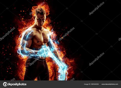 Muscular Man Naked Torso Holding Electric Energy Chain Isolated Dark Stock Photo By Zamuruev