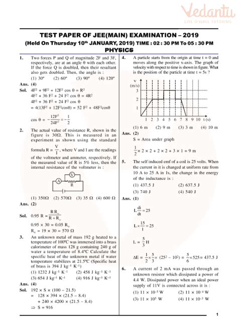 Previous Year Question Paper Jee Main 2019 10 January Shift 2