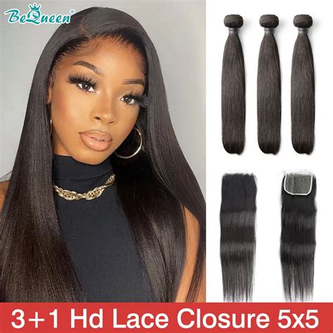 Bequeen Brazilian Straight Bundles With Closure 5x5 Hd Transparent Lace