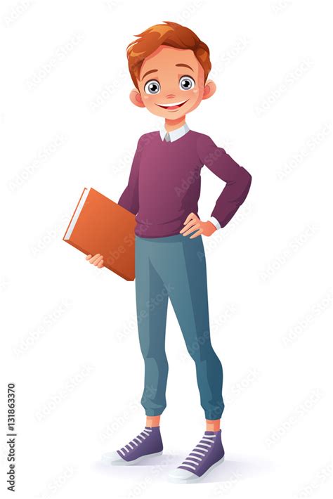 Cute And Clever Smiling Young School Student Boy Holding Book Cartoon