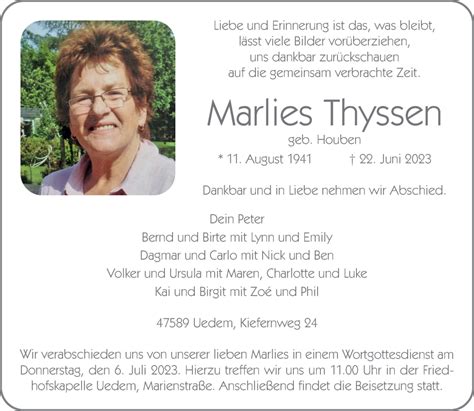 Alle Traueranzeigen für Marlies Thyssen trauer rp online de