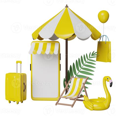 Mobile Phone Or Smartphone Store Front Yellow Suitcase Beach Chair Inflatable Flamingo Palm