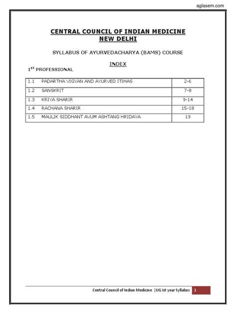 Central Council Of Indian Medicine New Delhi Syllabus Of Ayurvedacharya Bams Course Index