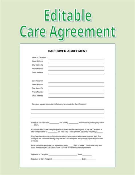 Printable Caregiver Contract Template Caregiver Agreement Etsy