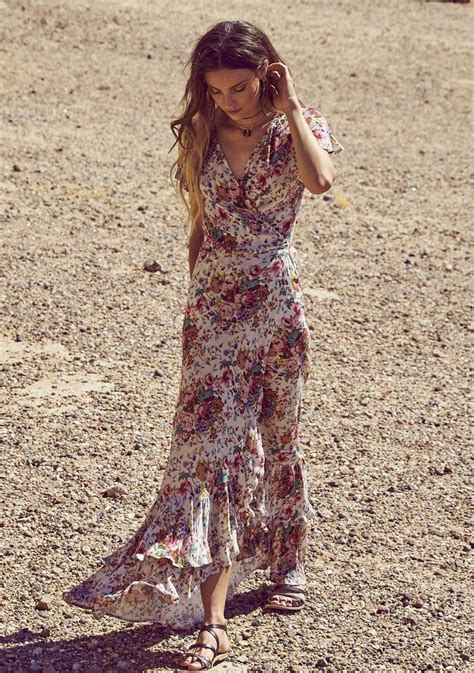 185 Beach House Frill Wrap Maxi Dress Longbeach Floral Natural Maxi